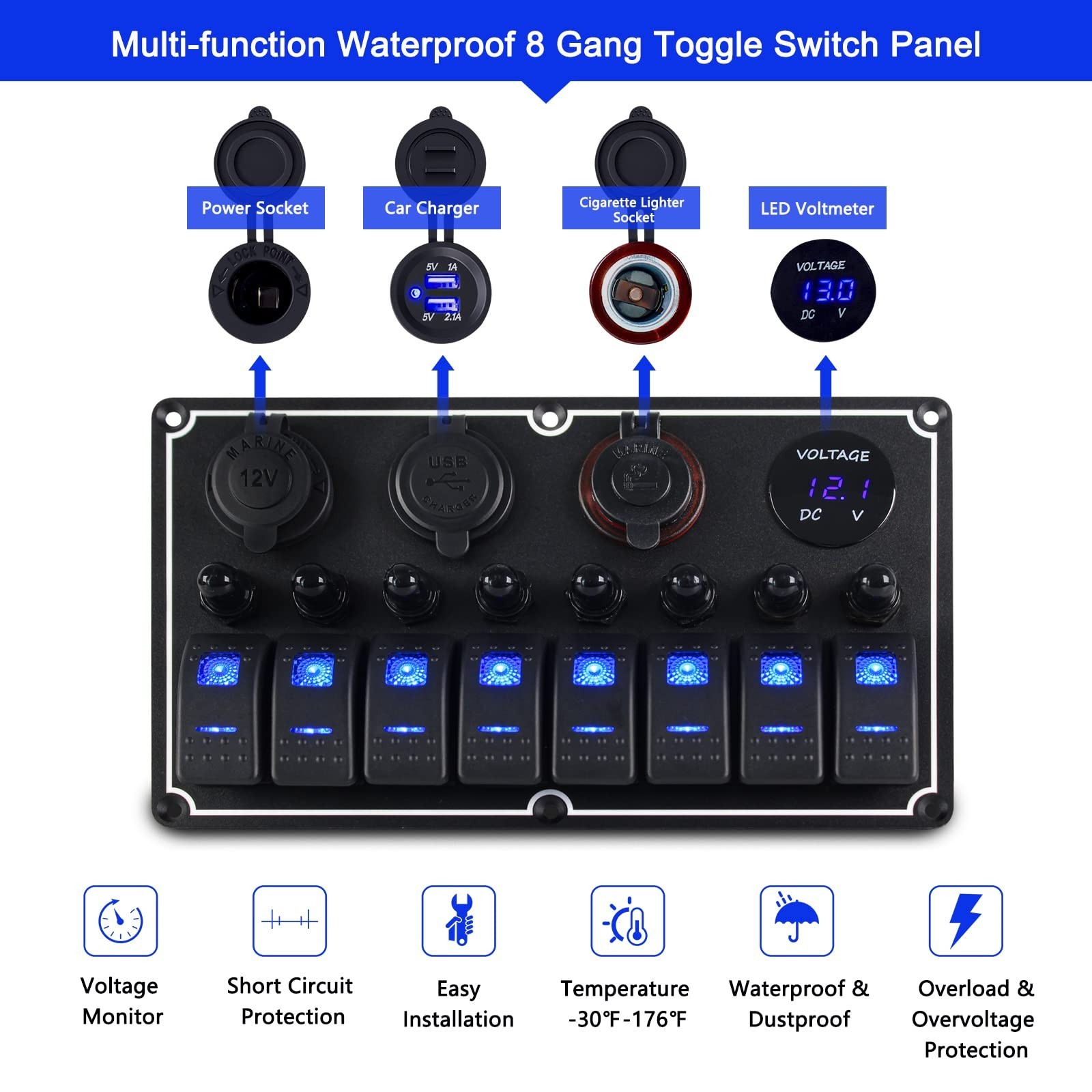 Marine Switch Panel Waterproof,8 Gang Boat Rocker Switch Panel,Multi-Function...
