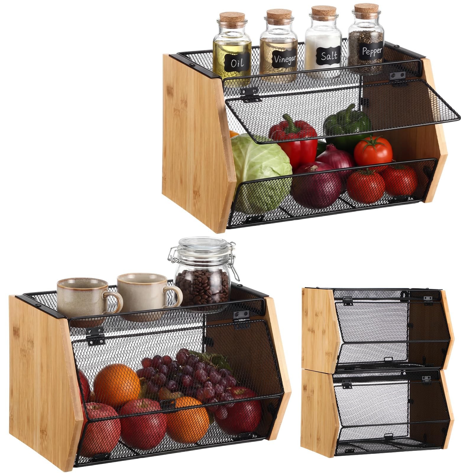 2PCS Stackable Mesh Fruit Basket Wall Mounted Storage Bin for Kitchen Bathroom