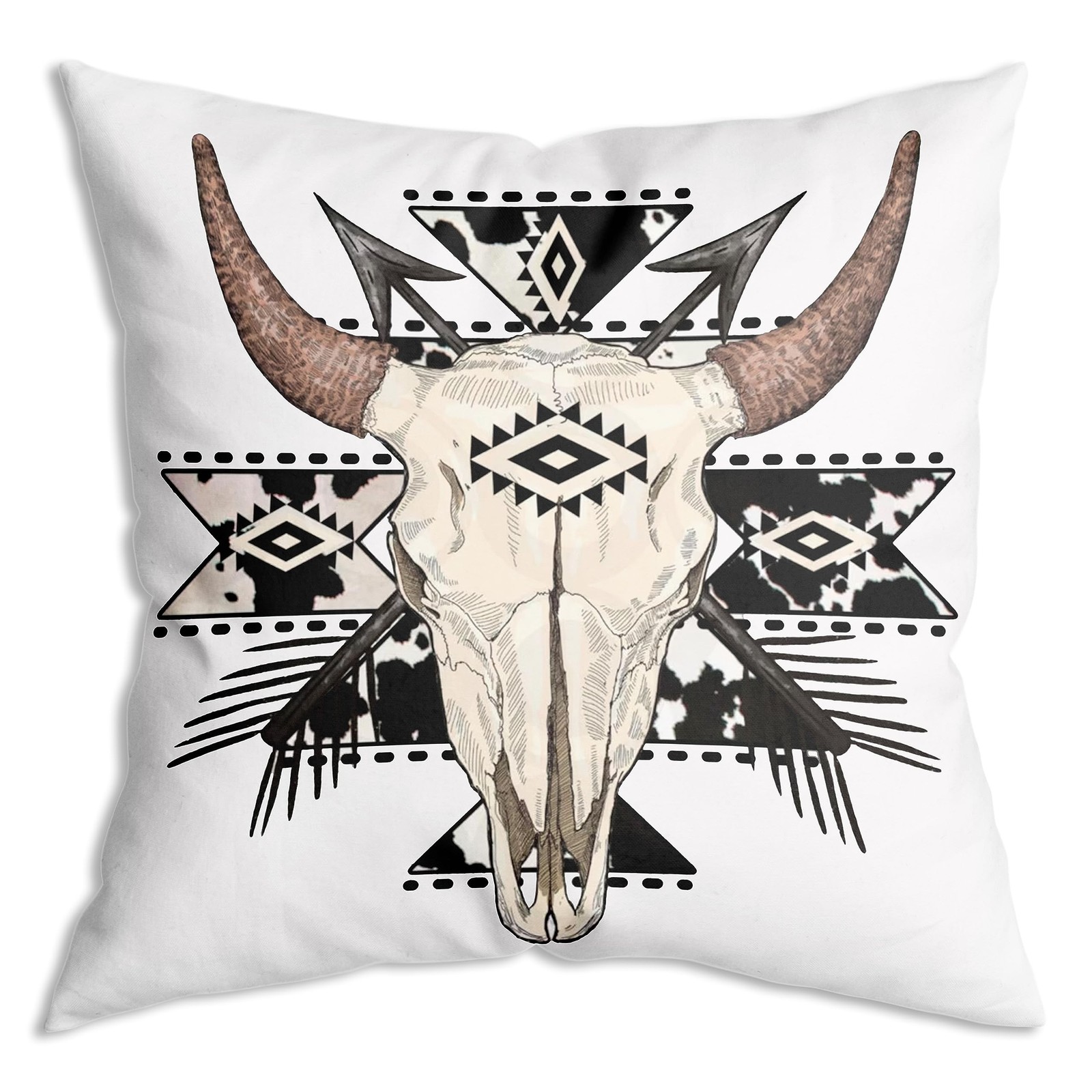 Boho Cow Aztec Western Bull Skull Throw Pillow Covers 18x18,Boho Cow Aztec We...