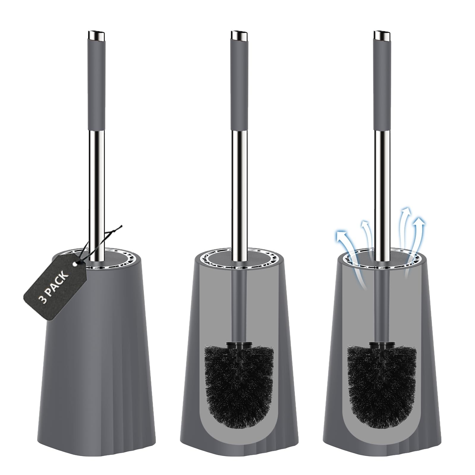 SetSail Toilet Brush, Compact Size Bowl Brush and Holder 3 packs, Gray