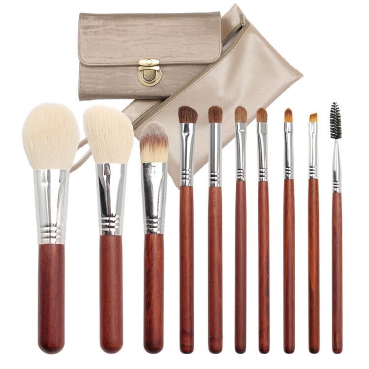 Professional Makeup Brush Set 10 Pieces Natural Hair Soft Beauty + Cosmetic Bag