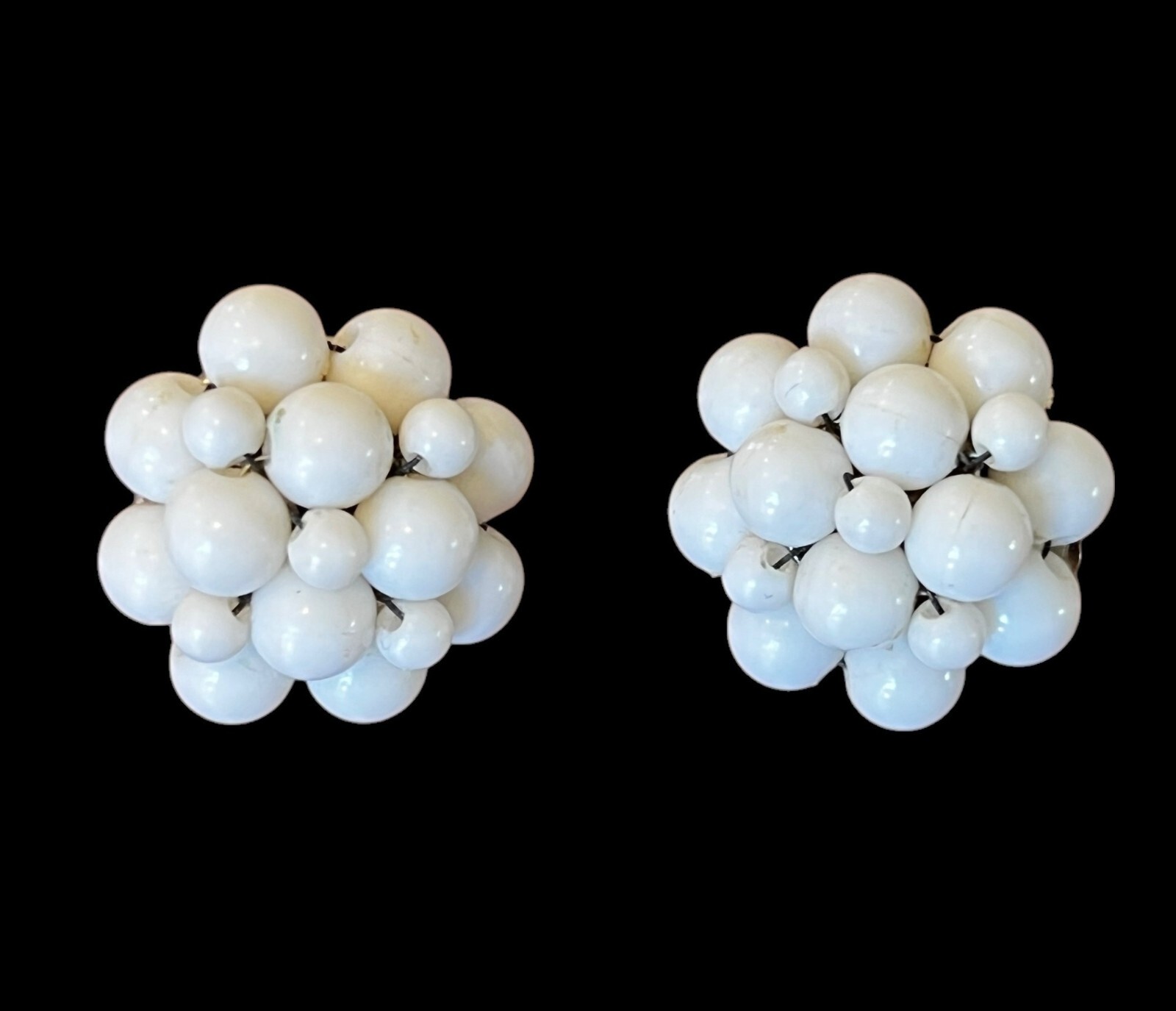 White Clip On Earrings Round Beaded Cluster Hong Kong MCM Vintage Glam Preppy