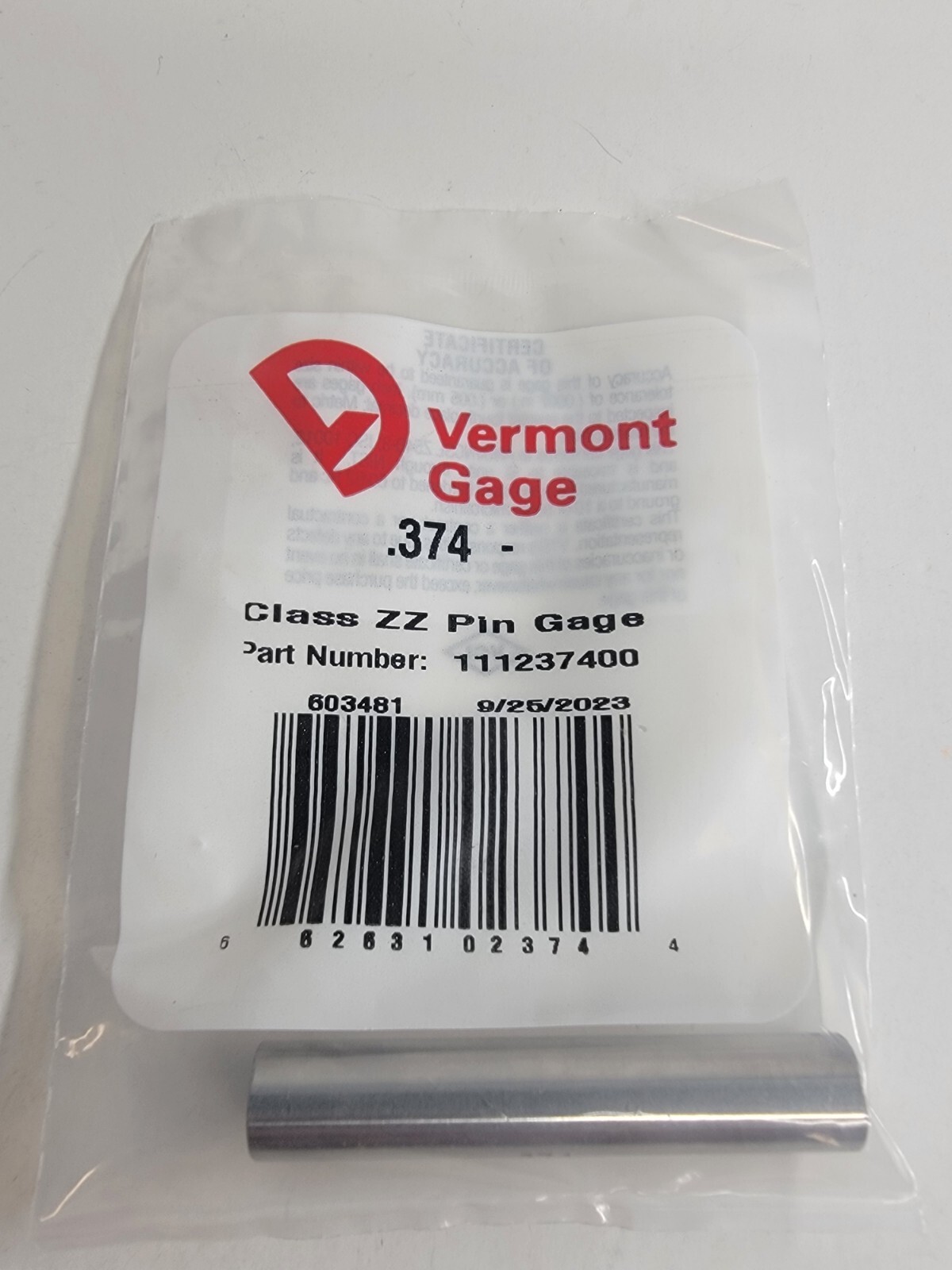 Vermont Gage - 111237400 - .374" Minus - Class ZZ Pin Gage