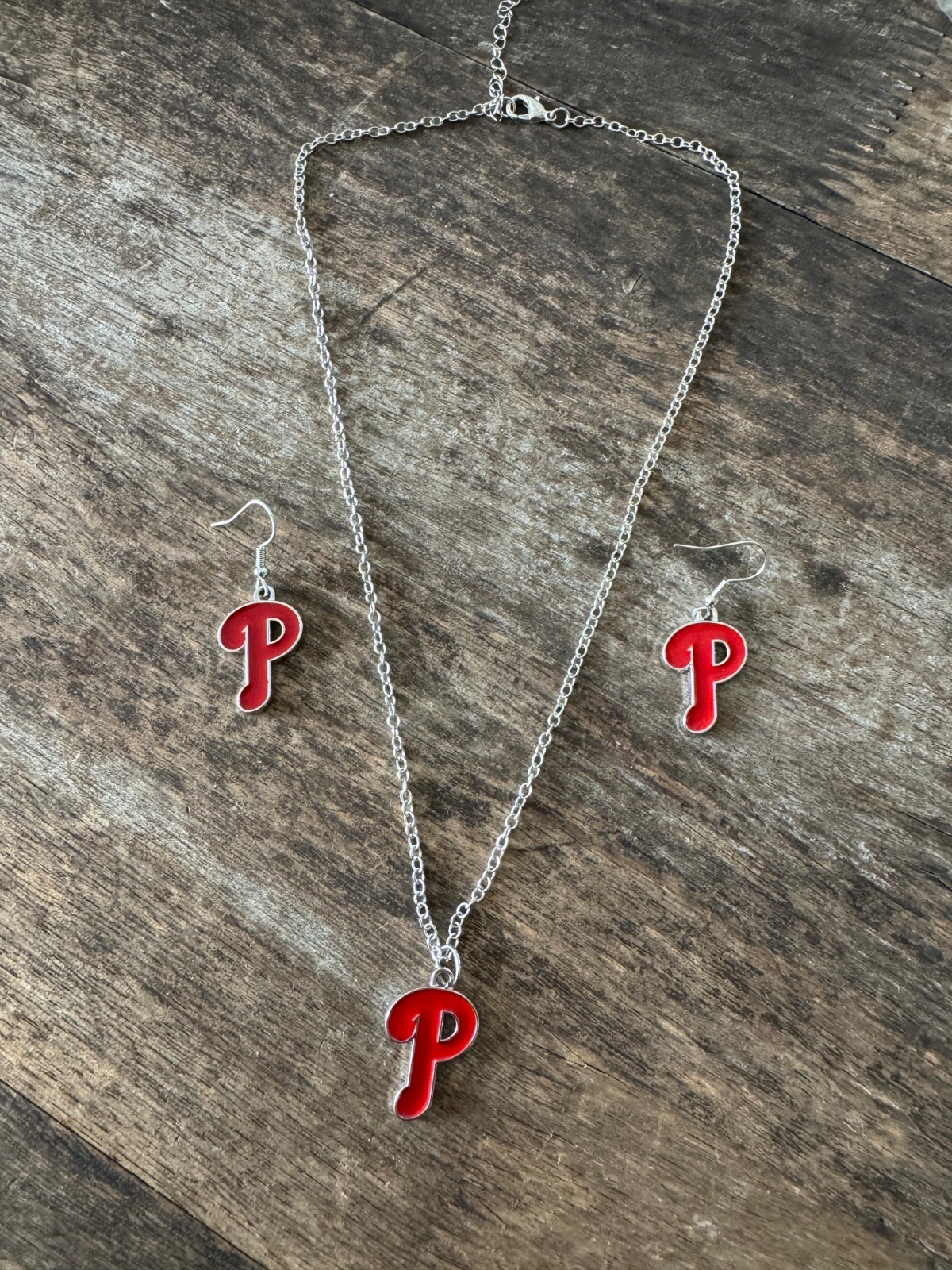 PHILADELPHIA PHILLIES LOGO NECKLACE AND EARRINGS SET MLB BASEBALL FAN
