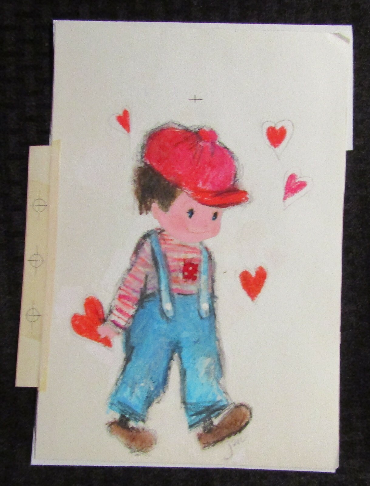 VALENTINES Cute Boy in Overalls with Hearts 7.25x11" Greeting Card Art #V3553