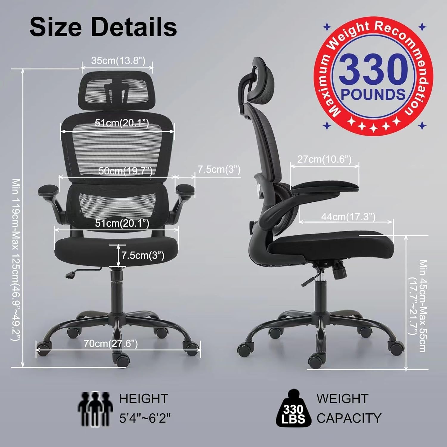 Adjustable Ergonomic Office Chair - 330 lbs Capacity