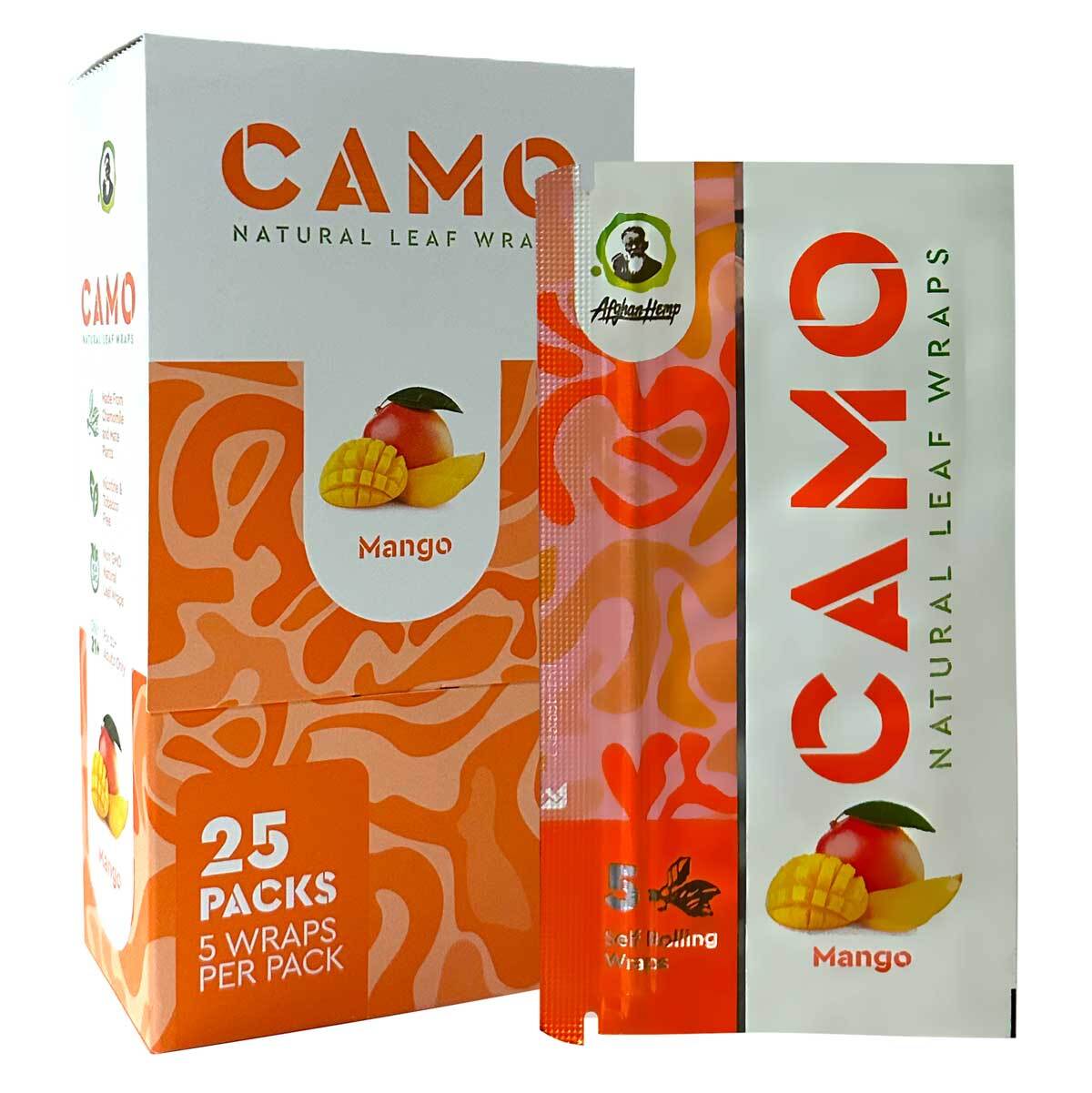 Camo Wraps Natural Leaf MANGO Self Rolling Herbal Wraps (Full Box of 25 Pouches)