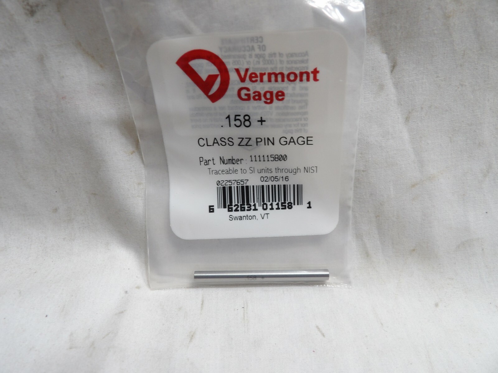 Vermont Gage .158+ Class ZZ Pin Gage