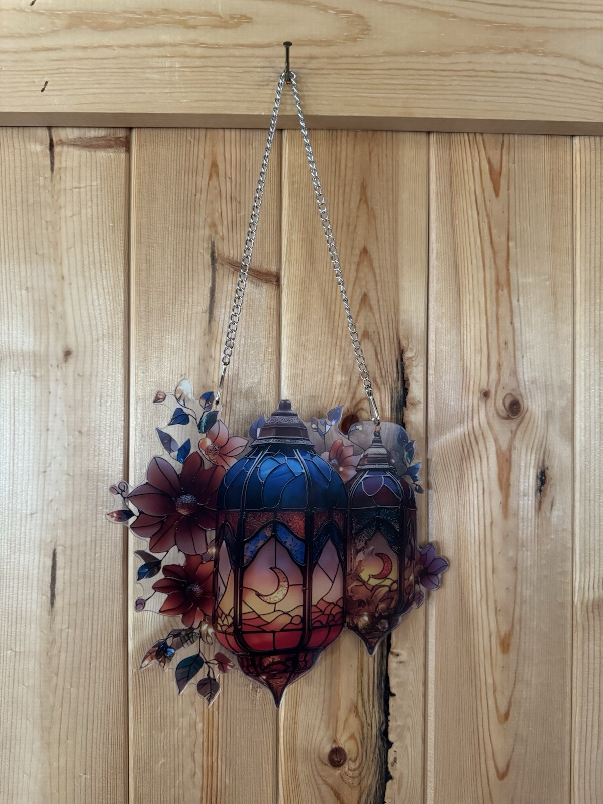 New Multicolor Acrylic Lantern Floral Hanging Suncatcher w/Chain 7"x6"