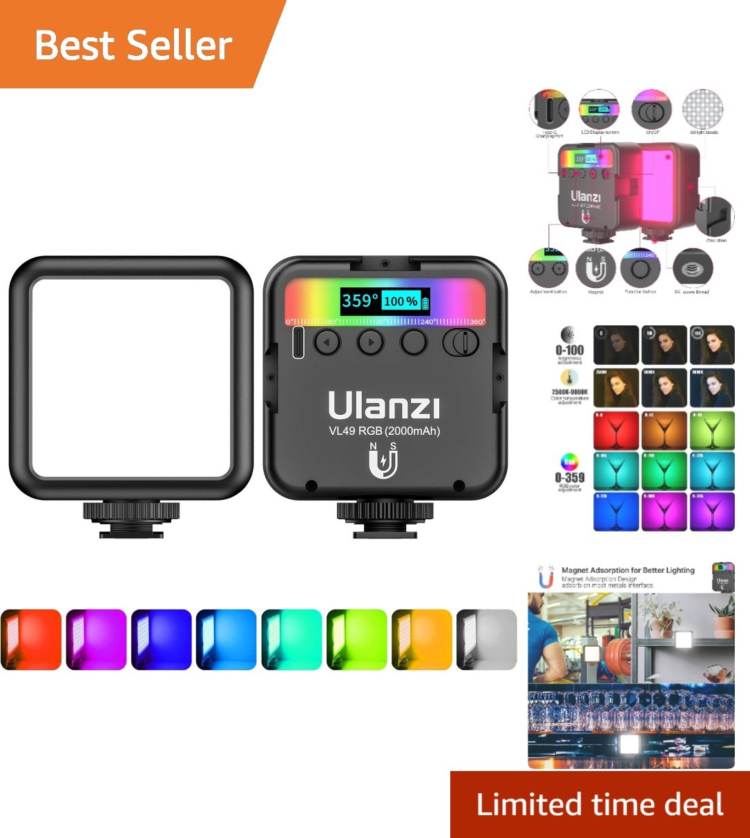 Portable VL49 LED Camera Light, 2000mAh Rechargeable with Magnetic Attraction