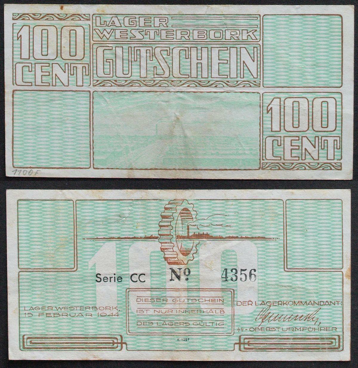 NETHERLANDS 1944, $$$, 100 Cent WESTERBORK Concentration Camp Banknote ,Judaica