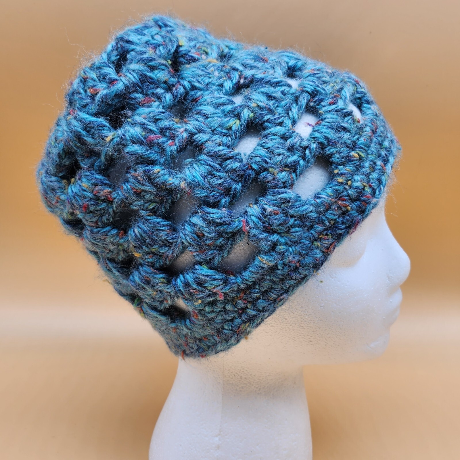 Crocheted Beanie Hat Handmade Green Blue