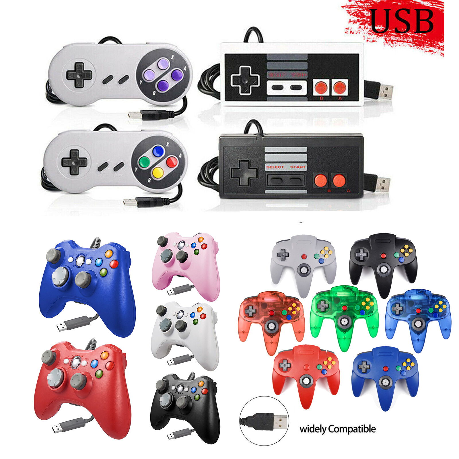 USB N64 SNES Xbox 360 Controller USB GamePad Joypad for Windows PC Raspberry Pi