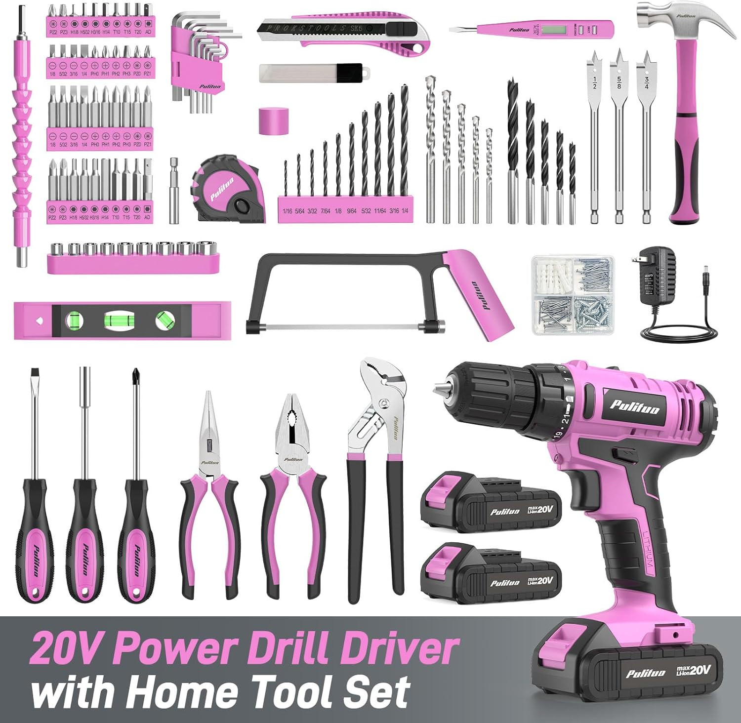 Power Drill Tool Kit with 20V Cordless Drill/Driver, Electric Screwdriver, 2 Bat