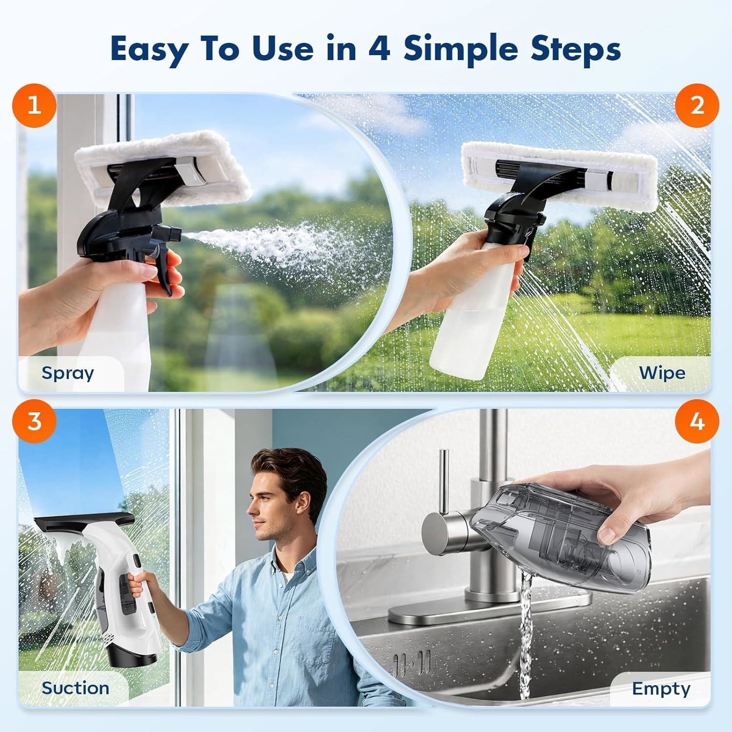 Window Vacuum Squeegee Cordless with Extension Pole,Electric Window Cleaner Tool