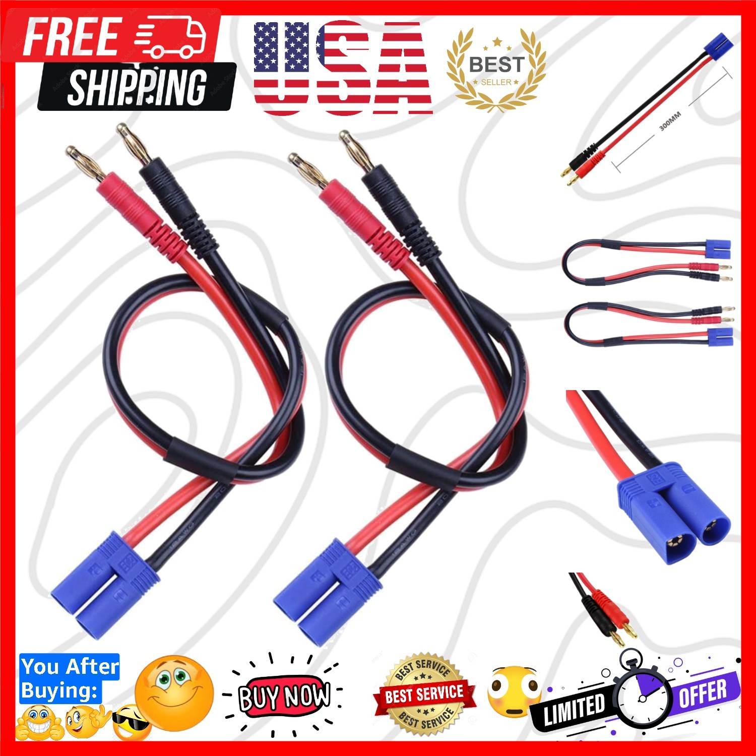 2pcs EC5 Male Connector to 4.0mm Banana Male Plug Lipo Battery Balance Chargi...