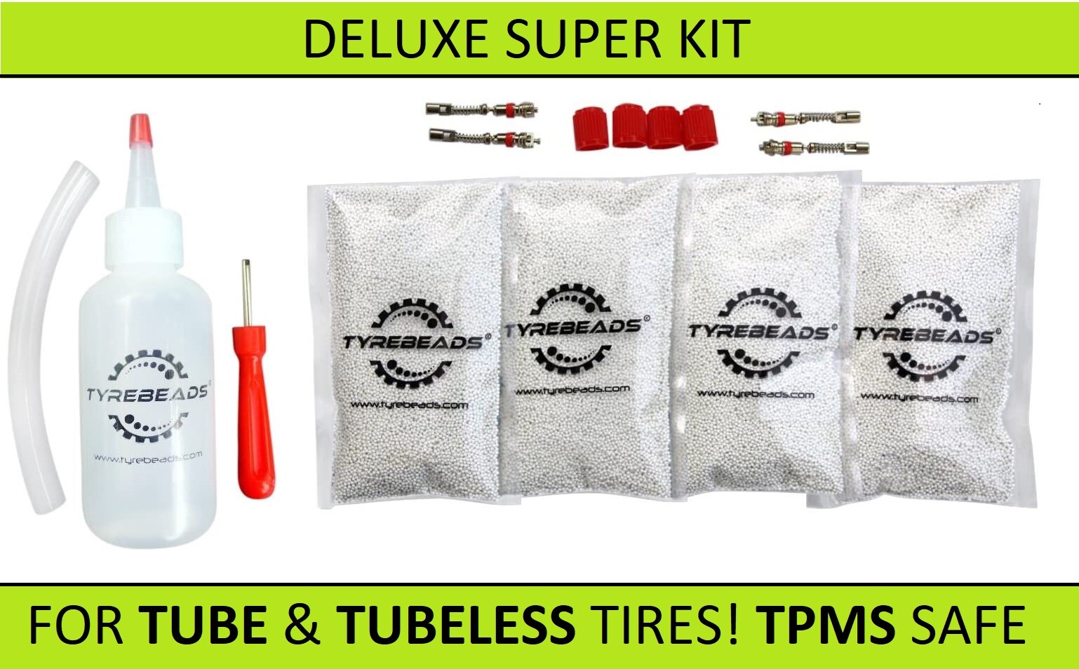 Tire Balance Beads Deluxe Kit, 4 bags of 8 oz, with FILTERED Cores, ECO FRIENDLY