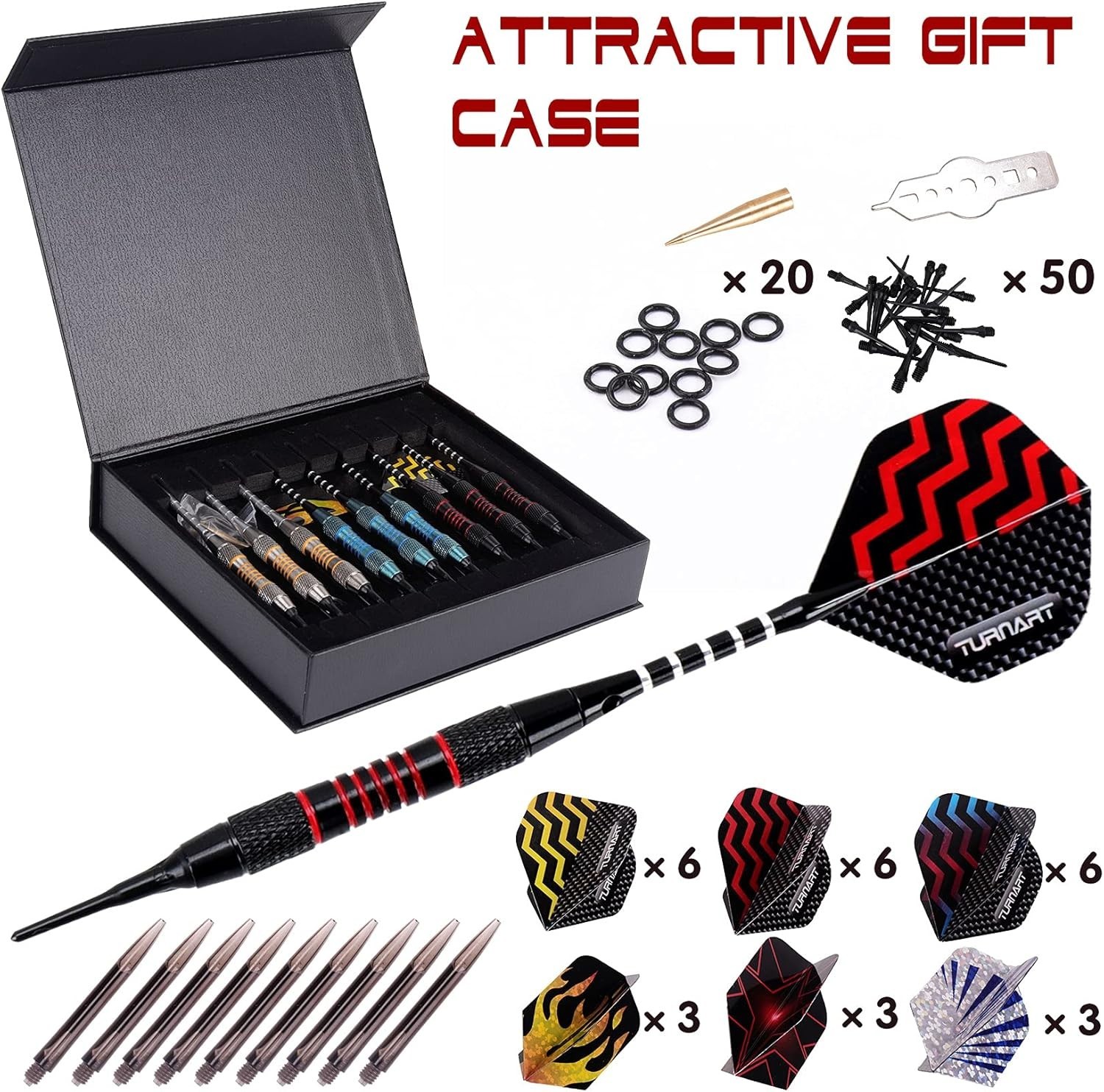 Professional 9 Pcs Soft Tip Dart Set with Unbreakable Shafts & 50 Extra Tips