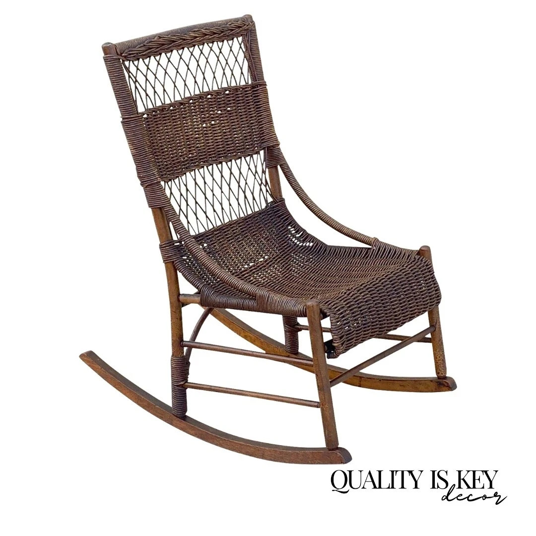 Antique Victorian Wicker and Rattan Wooden Small Rocking Chair Rocker