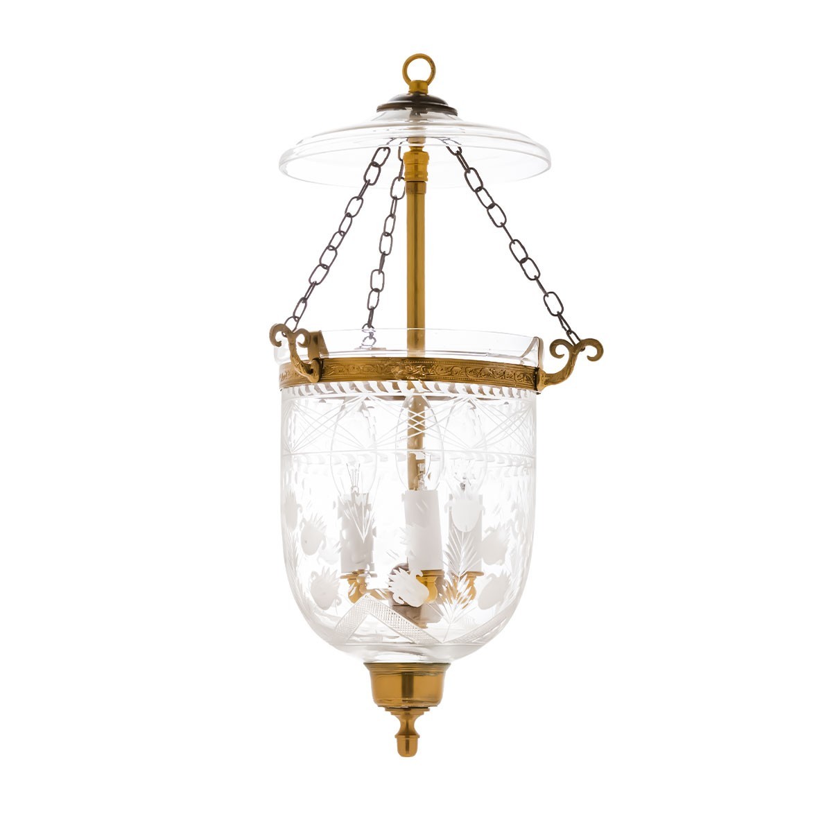7' Small Hanging Lanterns - Starburst, Diamond Cut, Floral Glass, Brass Finish