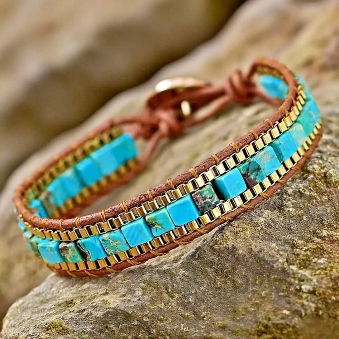 Handmade Natural Turquoise Beads Reiki Chakra Bangle Cuff Bracelet Unisex Gift