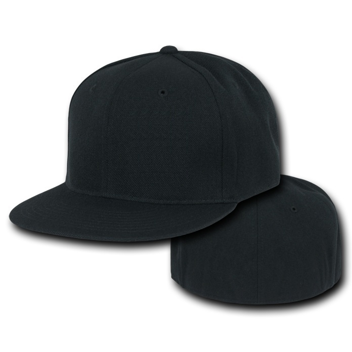 Black Fitted Baseball Cap – Flat Bill Plain Solid Blank Hat (9 Sizes)