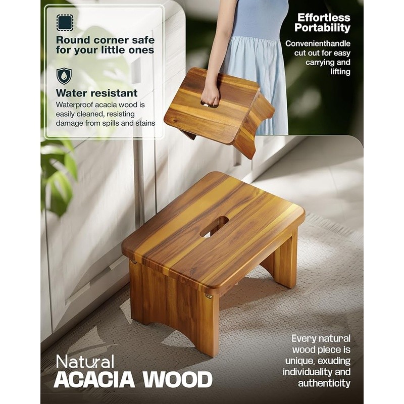 Wooden Step Stool 9 Inch Heavy Duty Non-Slip Portable Acacia Storage Step Stool