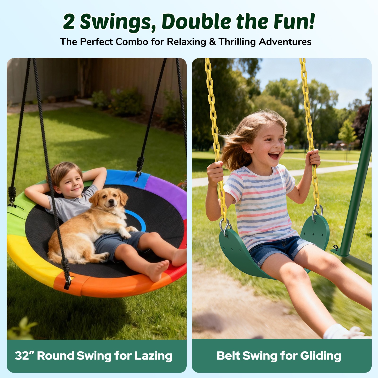 Trekassy 440lbs 2 Seat Metal Swing Set with Heavy Duty A-Frame Metal Swing Stand