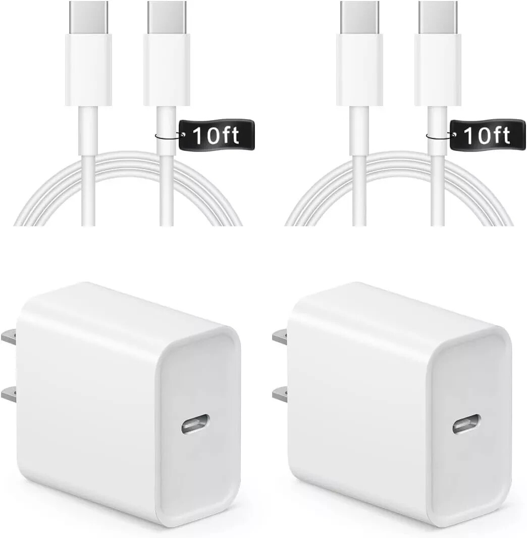 2 Pack 20W USB C Wall Charger Block and Type C to C Cable Compatible with iphone