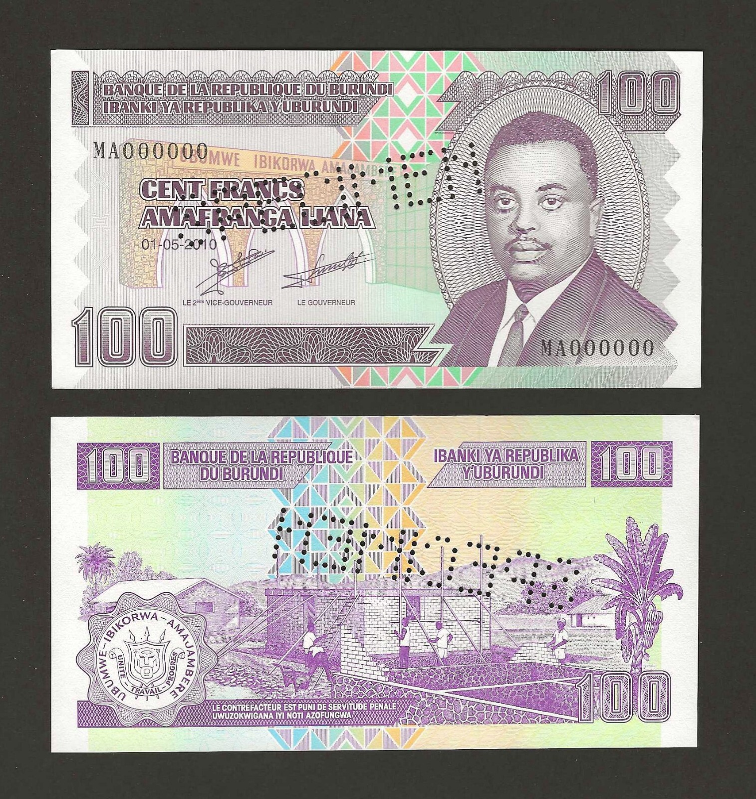 BURUNDI 100 Francs 2010, P-44as SPECIMEN, Perforated Cancelled, Original UNC.
