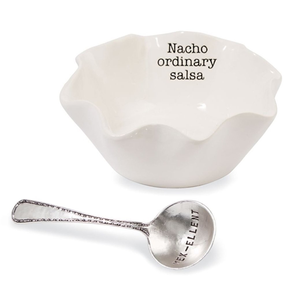 Mud Pie Salsa Ceramic Dip Cup Set - Nacho Ordinary, White & Silver
