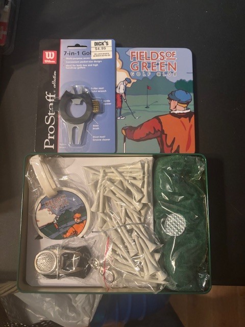 Fields of Green Golf Club Tin Gift Set ~ Tees/Marker/Spike Cleaner/Bag Tag/Towel