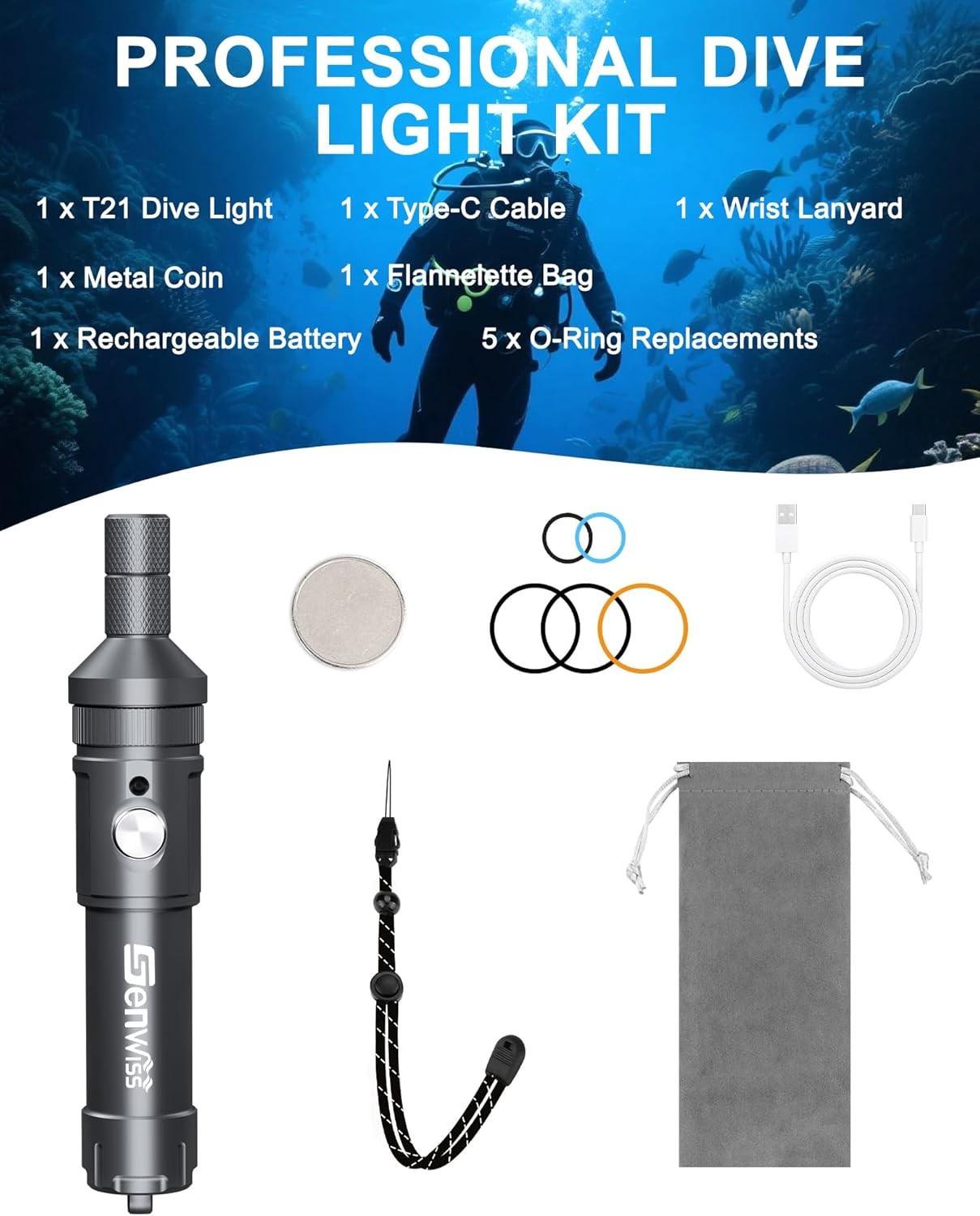 Genwiss 2000LM Scuba Diving Flashlight IP68 Waterproof Rechargeable Underwater