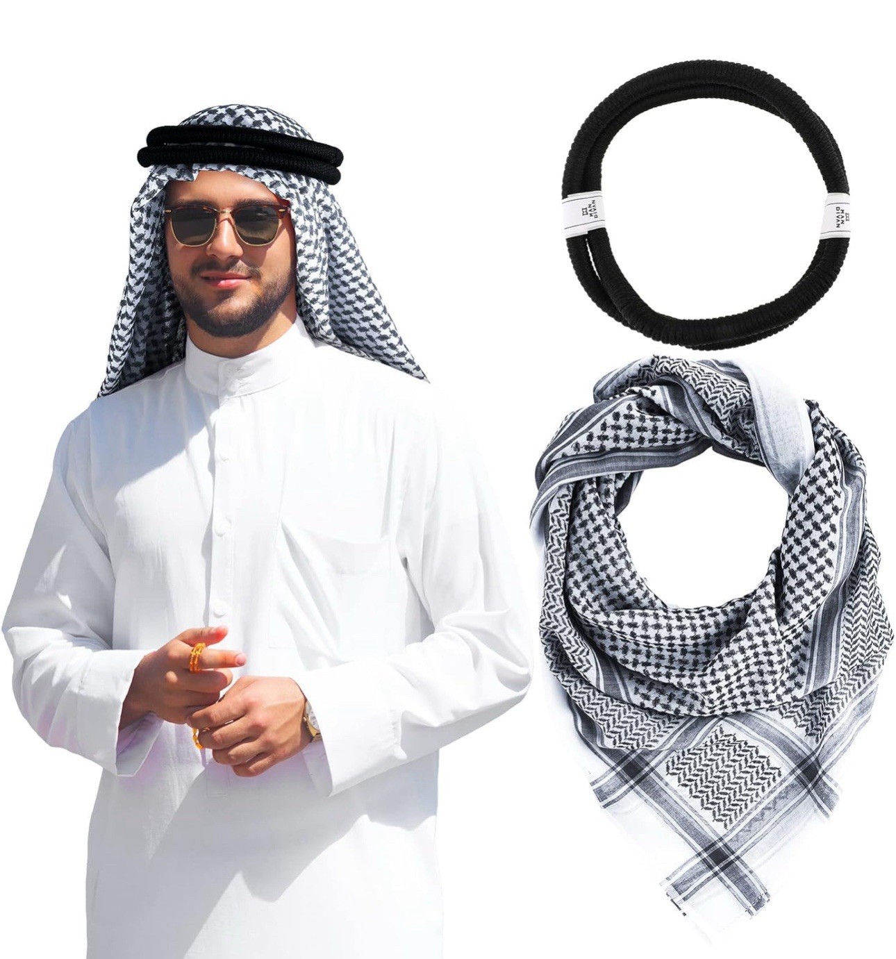 Men Arab Shemagh Keffiyeh Scarf Muslim Turban 54x54 Inch With Aqel Rope