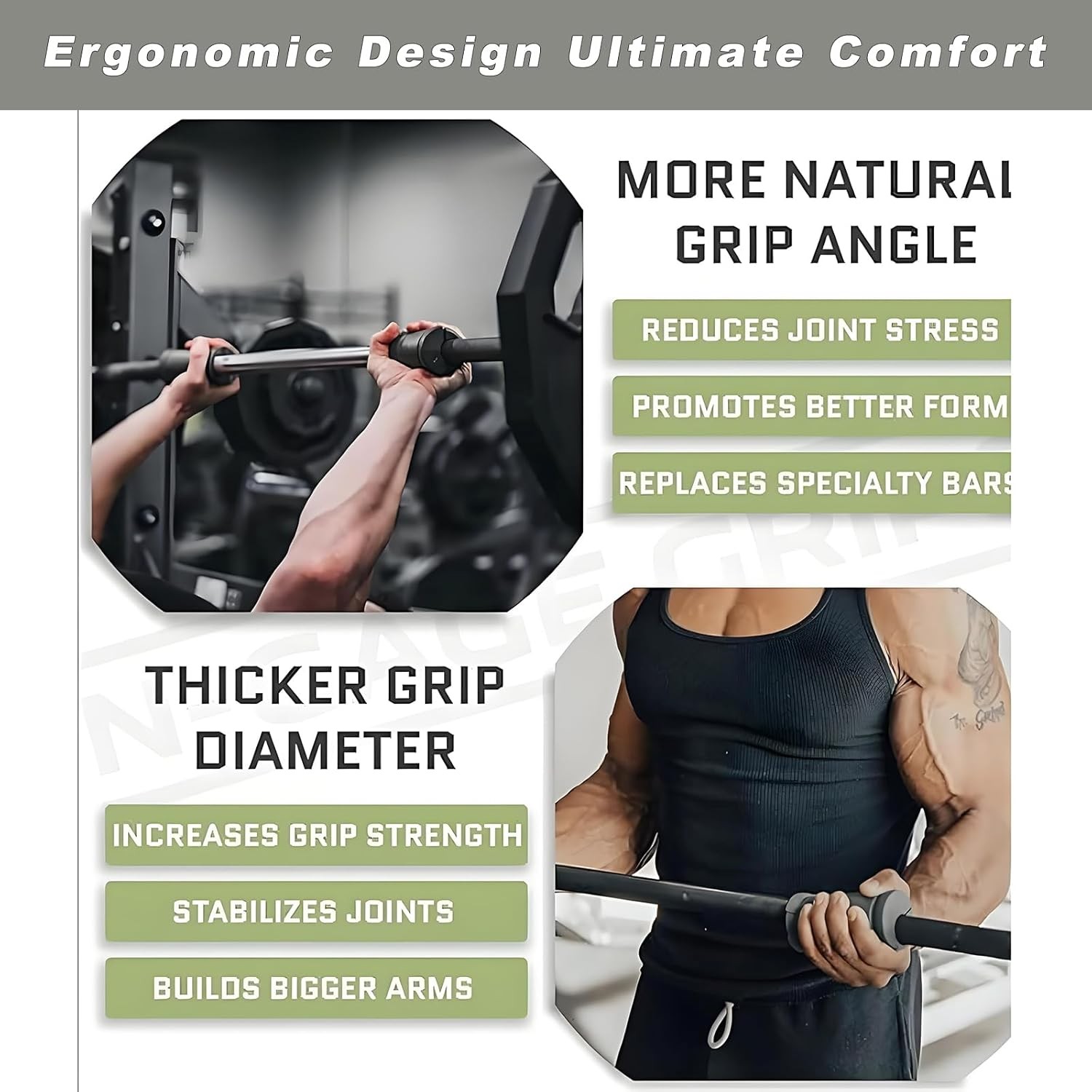 Angled Barbell Grips, Ergonomic Rotating Handles for Weightlifting, Reduce Joint