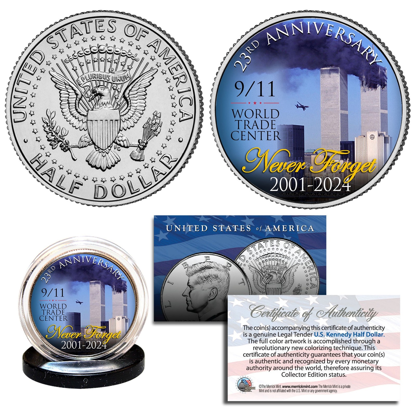 23rd ANNIVERSARY 9/11 World Trade Center 2001-2024 Official JFK Half Dollar Coin
