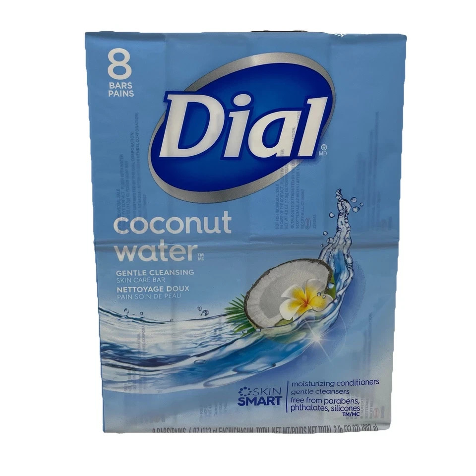 Dial Skin Care Bar Soap Coconut Water Gentle Cleansing 4 Ounce, 8 Bar Pack