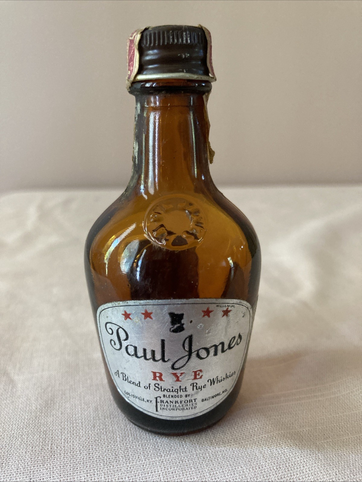 Vintage Paul Jones Rye Mini Amber Bottle 1/10 Pint 4" Tall FL Tax Stamp