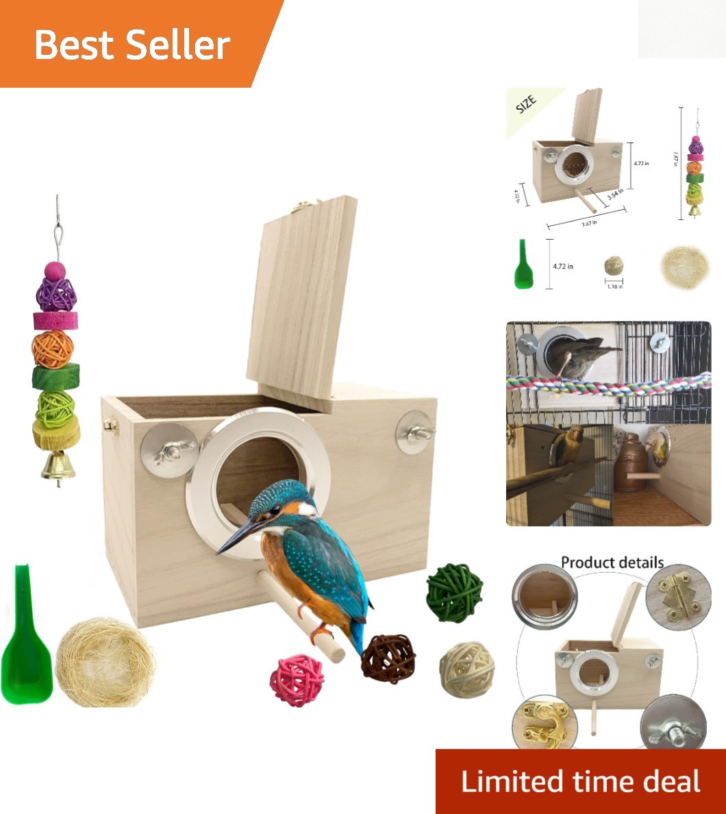 Lightweight Parakeet Housing: Secure Traditional Wooden Nest for Small Birds