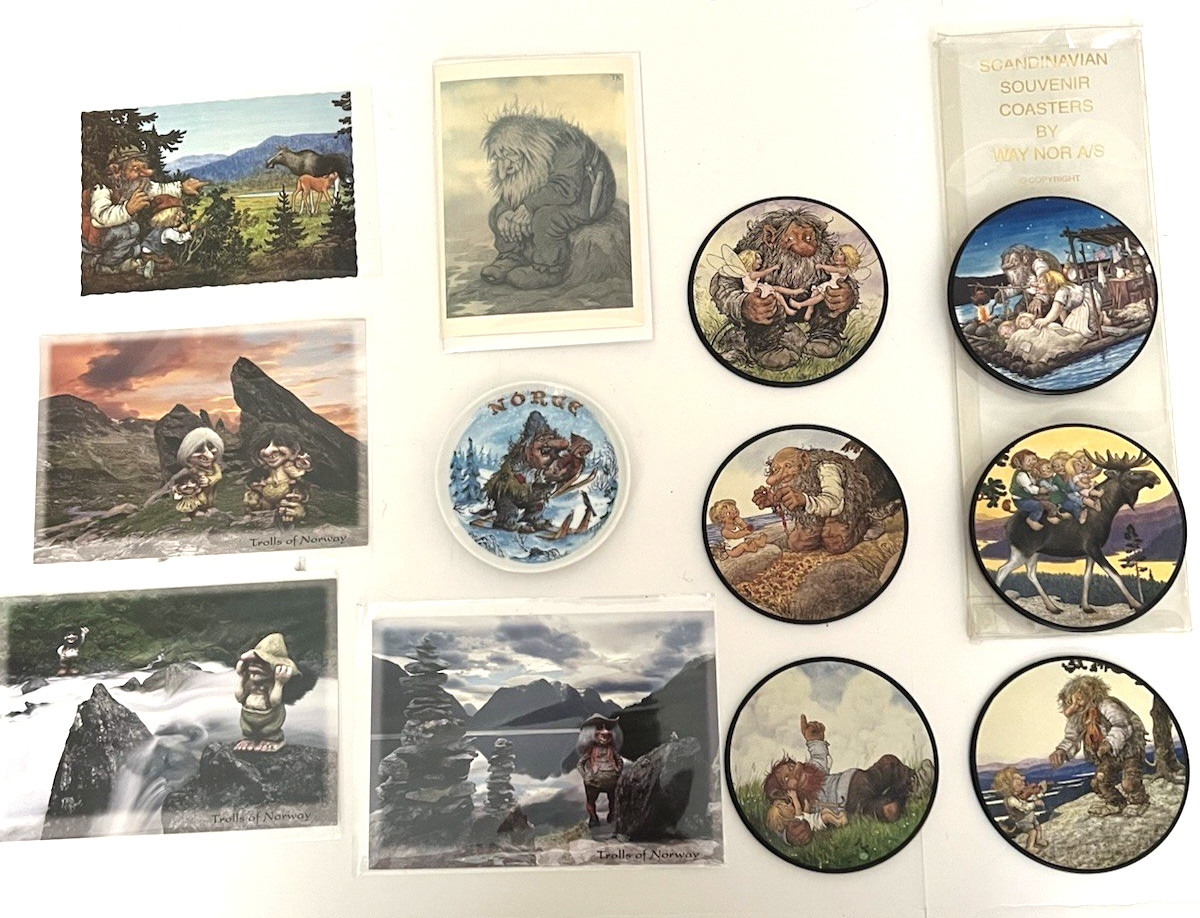 12 Vintage Norway Troll Items Coasters Post Cards Small Souvenir Plate Unused