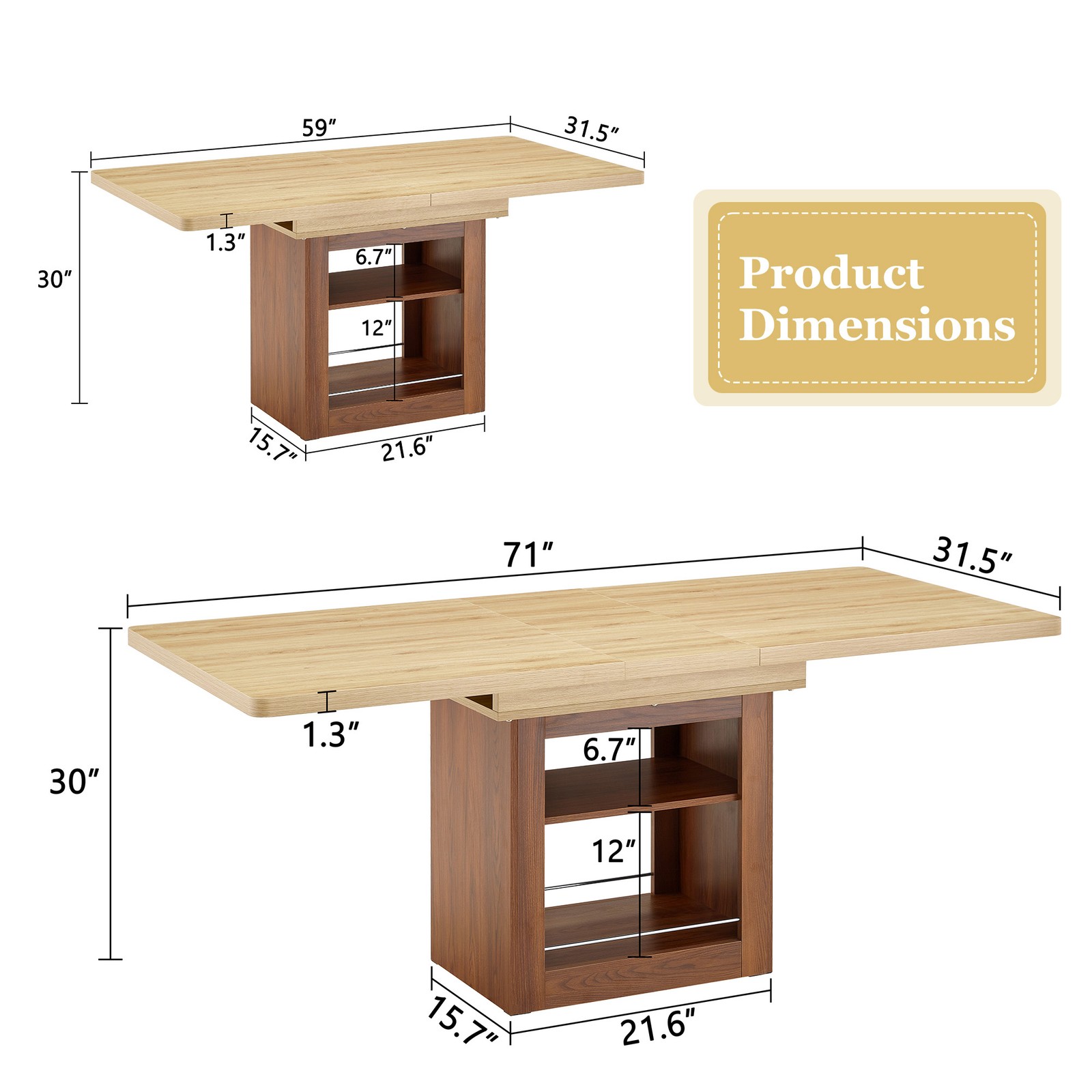 Expandable Dining Table w/storage space,59" to 71" kitchen Dining Table Walnut