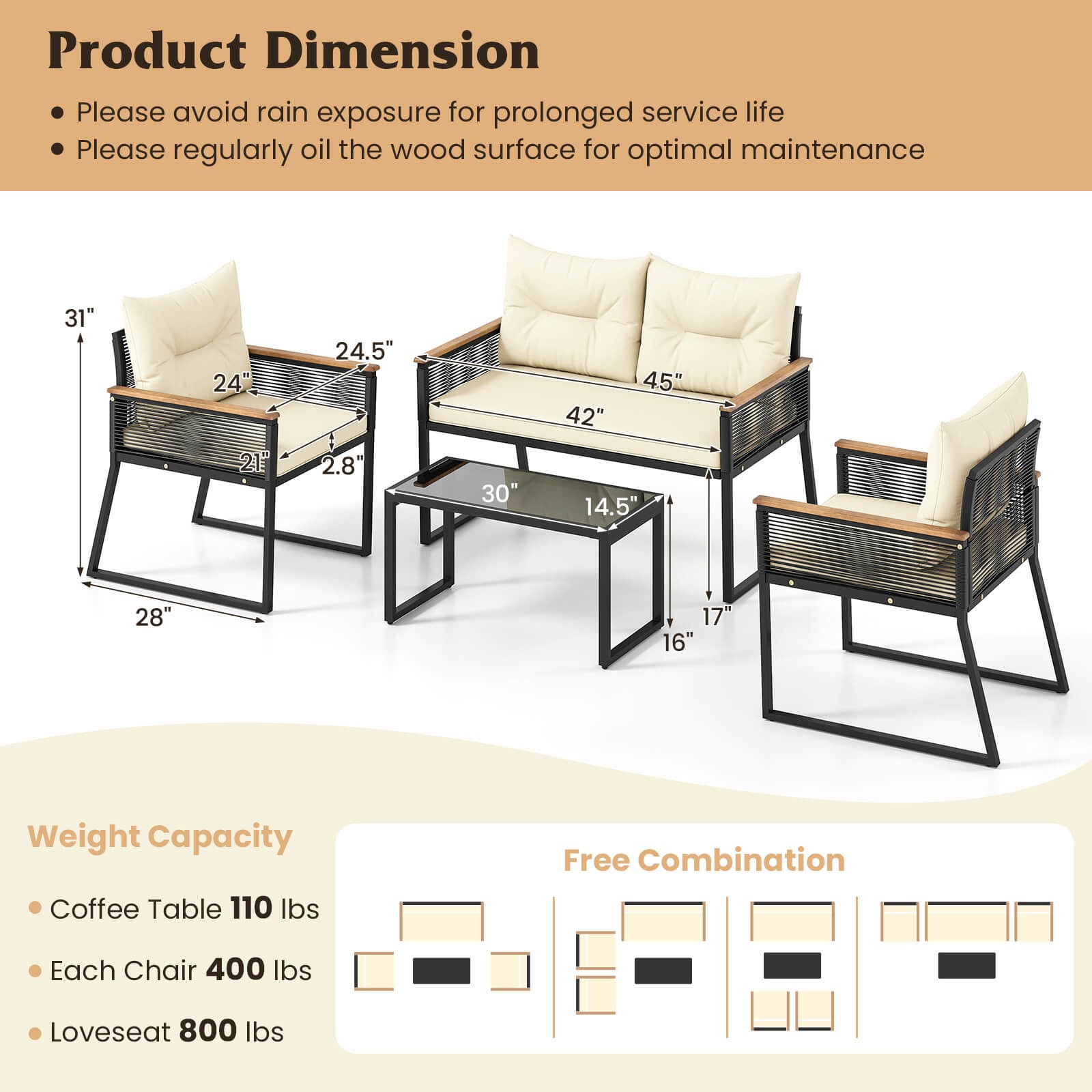 8 PCS Patio Furniture Set w/Tempered Glass Coffee Table PE Wicker Rattan Chairs