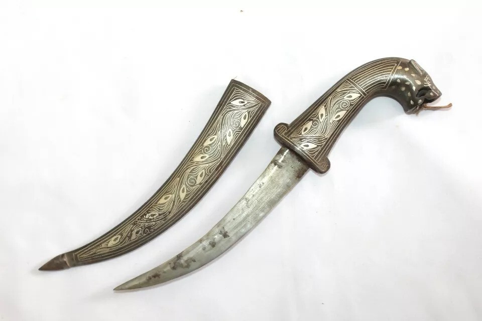Dagger Knife Tiger Head Silver Bidaree Wire Hand Forge Steel Blade Handmade C742