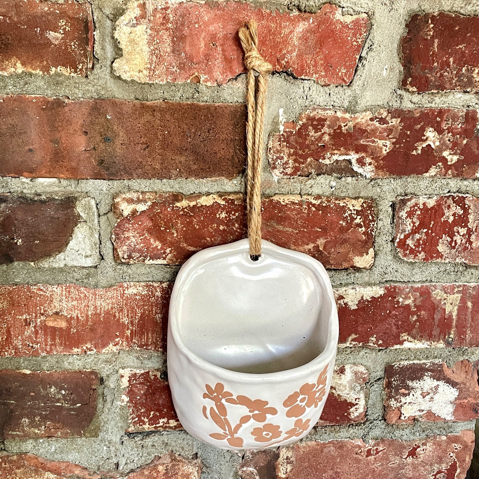 6.5" White Glaze on Pottery Plant Wall Vase Pocket Modern Made Twine Loop