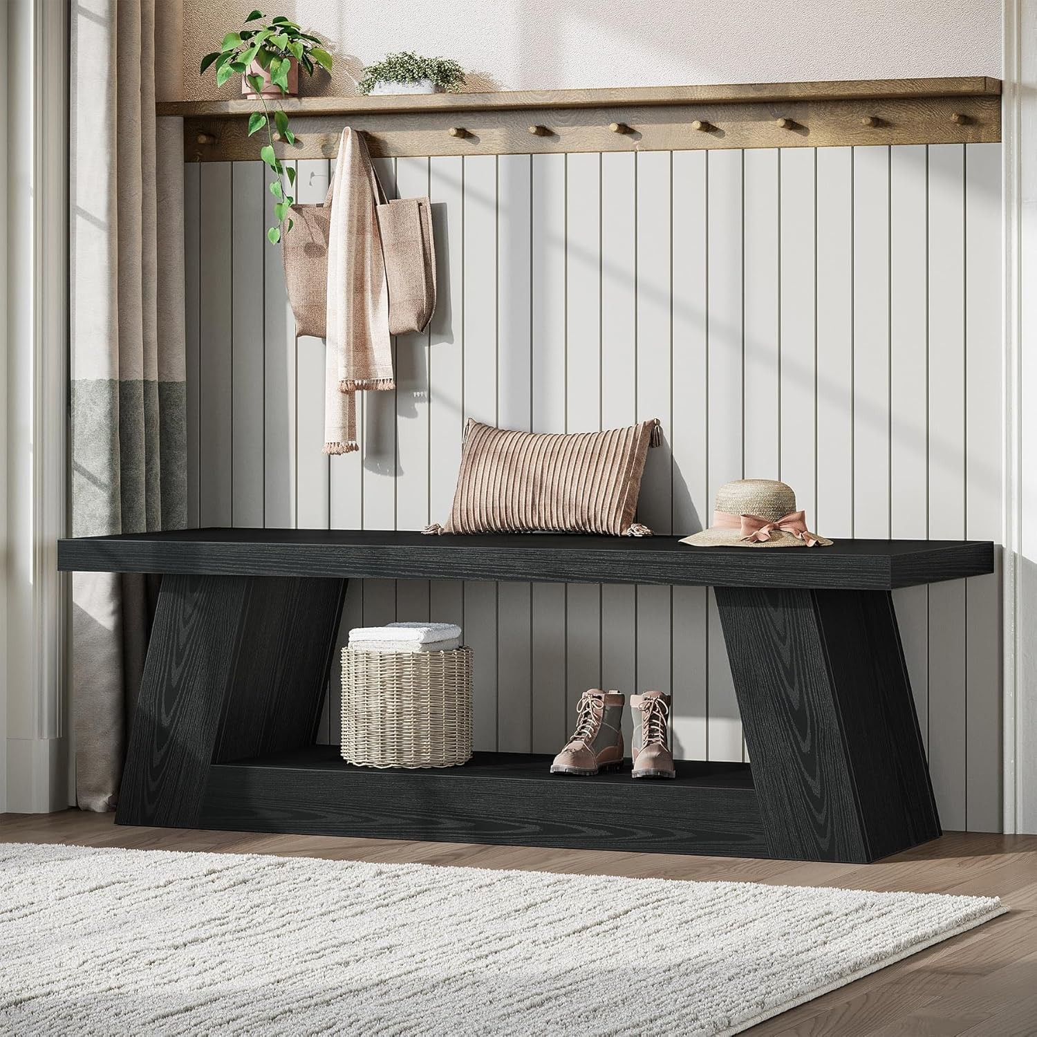 63 Inch Wooden Entryway Bench 2-Tier Rustic Narrow Seating Bench for Living Room