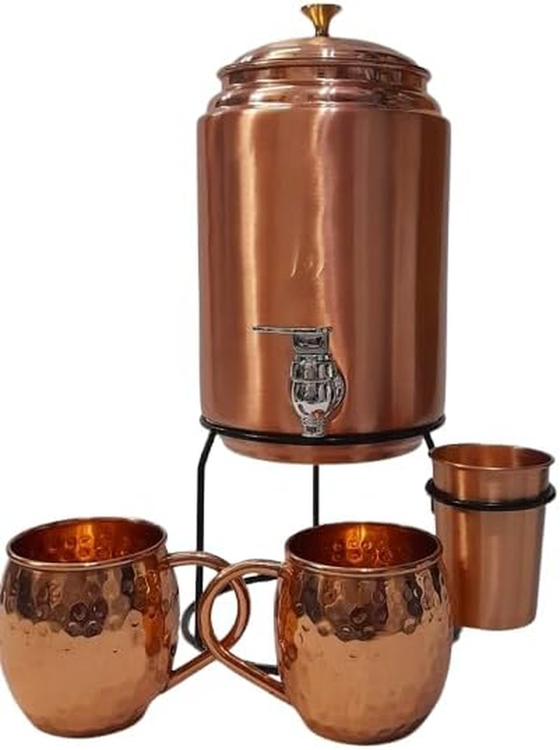 Ayurvedic Copper Water Dispenser & 2 Hammered Mugs - 5L Capacity