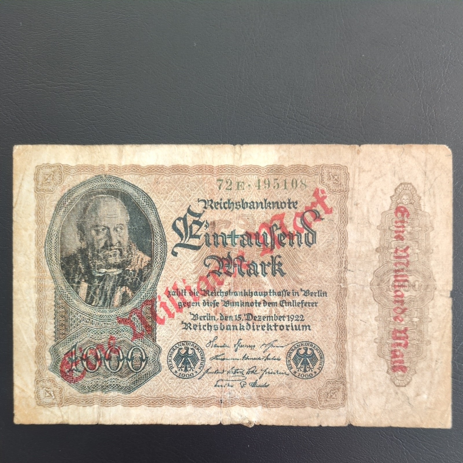 1923 - 100 y/old - 1 Million Marks - Germany - 	P# 113  -overprint on P# 82