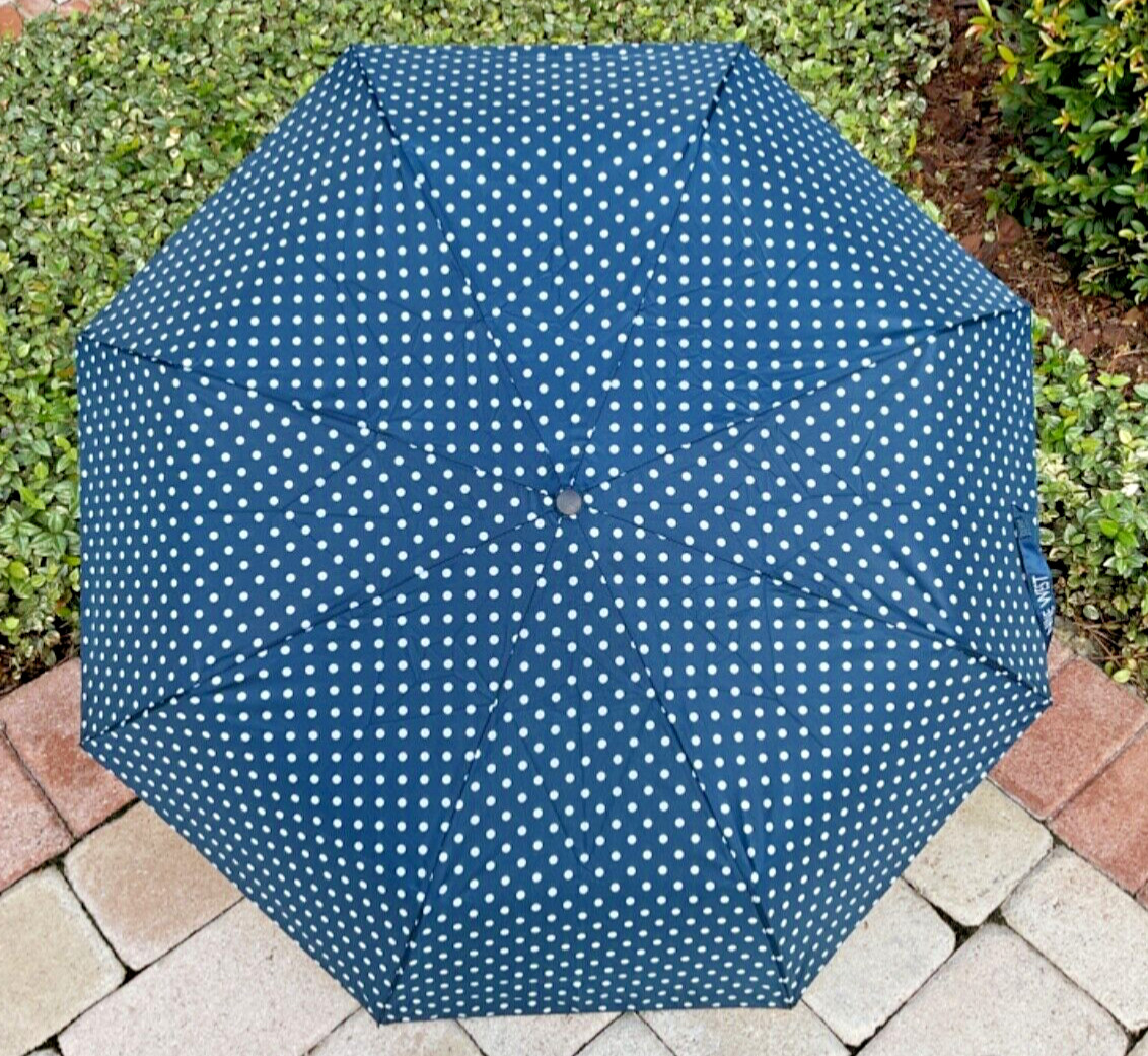 NINE WEST WOMEN'S UMBRELLA BLUE WHITE DOTS AUTO OPEN CLOSE 44 INCH NWT