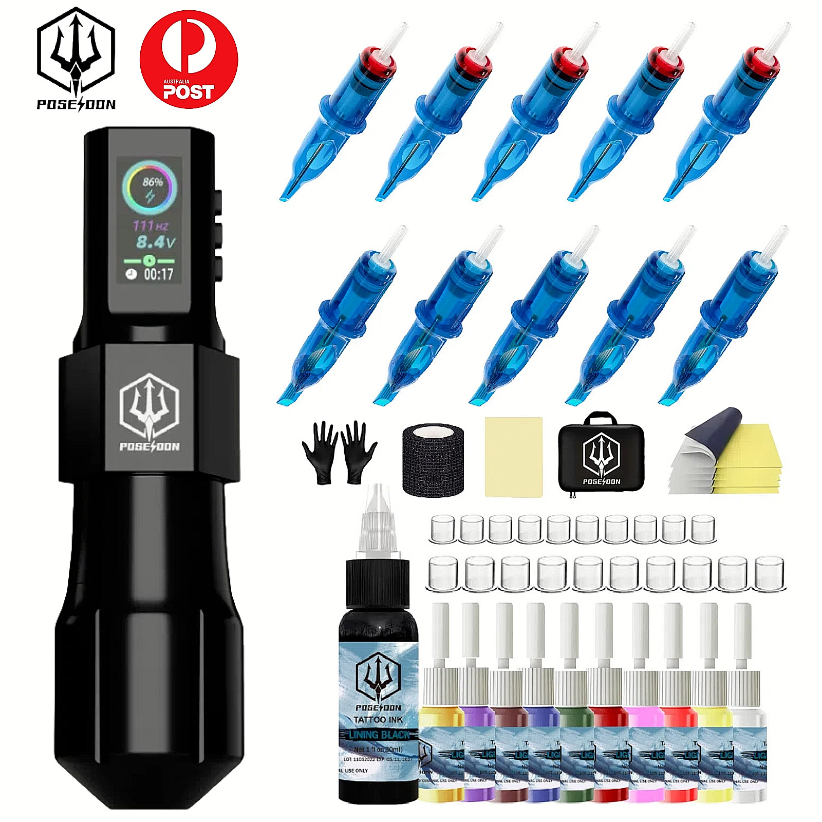 POSEIDON Tattoo Machine Kit Pen Wireless Battery Power Supply Needle Color Inks