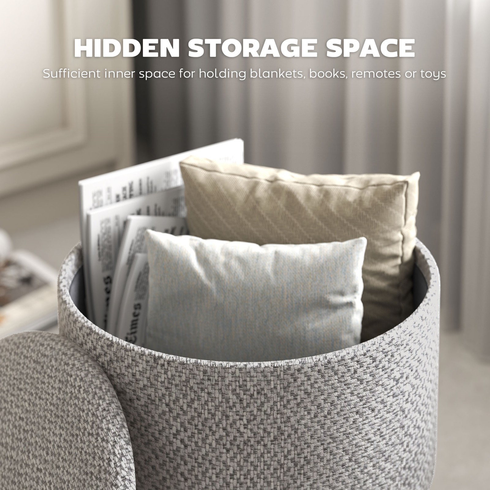 Storage Ottoman, Round Stool Chair with Cushioned Top, Light Gray